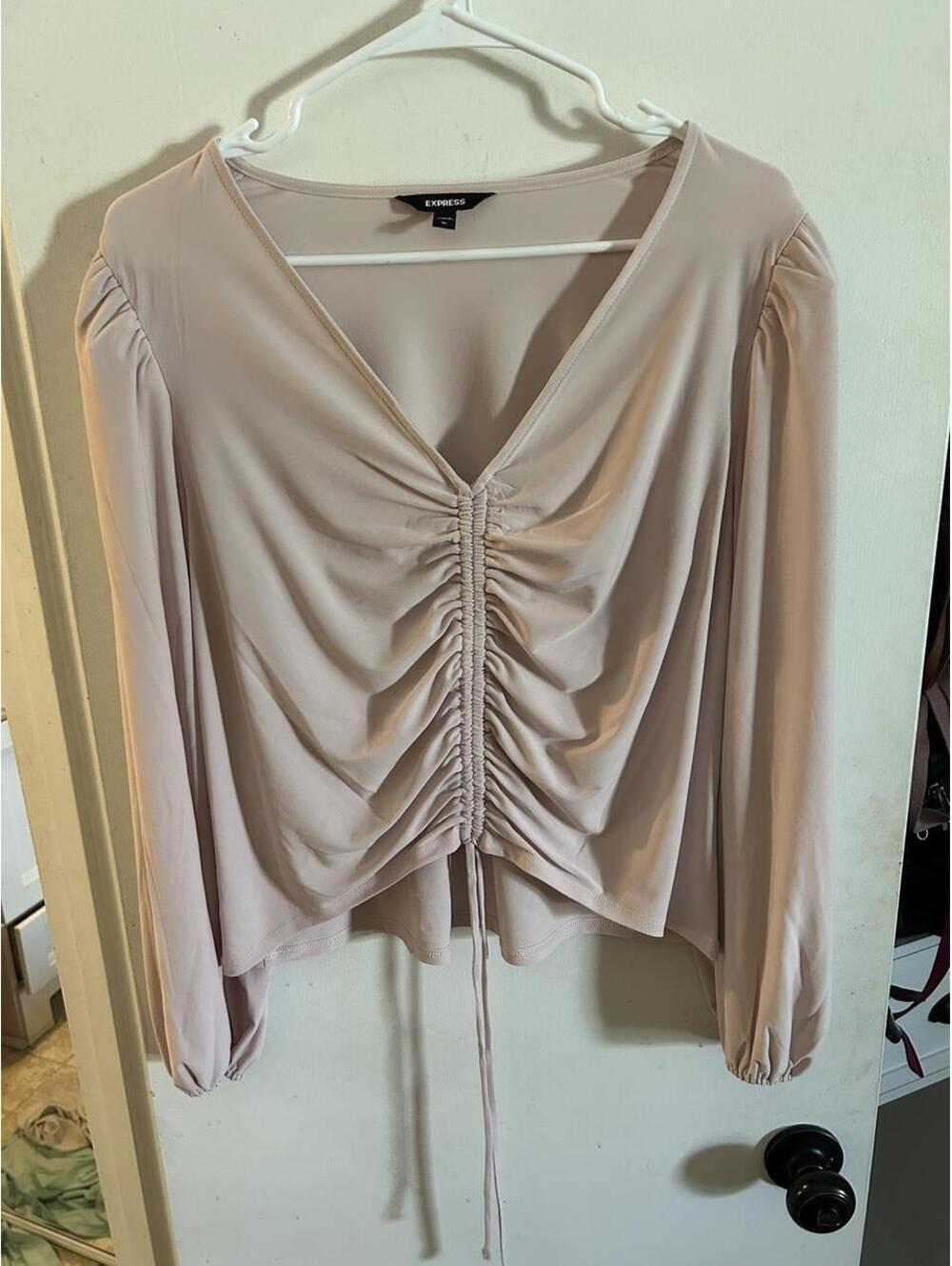 Express pink blouse with ruched front and tie detail, size M